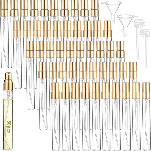 مجموعة زجاجات العطور الصغيرة المكونة من 50 قطعة سعة 10 مل/0.34 أونصة تشتمل على قمعين وموزعين، وزجاجات رذاذ زجاجية قابلة لإعادة الملء، وحاويات عينات فارغة محمولة للسفر، ورذاذ رذاذ ناعم مع أغطية، ذهبي in Saudi Arabia