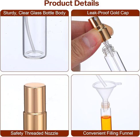 مجموعة زجاجات العطور الصغيرة المكونة من 50 قطعة سعة 10 مل/0.34 أونصة تشتمل على قمعين وموزعين، وزجاجات رذاذ زجاجية قابلة لإعادة الملء، وحاويات عينات فارغة محمولة للسفر، ورذاذ رذاذ ناعم مع أغطية، ذهبي in Saudi Arabia