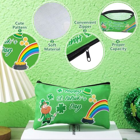 Yahenda 20 Pcs Happy St. Patrick's Day Accessories Shamrock Gifts Funny Irish Gnome Makeup Bag Festival Shamrock Clover Cosmetic Bag Green Leaves Pattern Toiletry Organizer for Party Favors, 10 Styles in Saudi Arabia