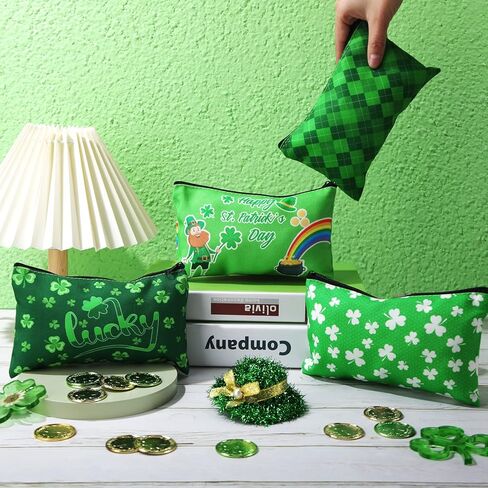 Yahenda 20 Pcs Happy St. Patrick's Day Accessories Shamrock Gifts Funny Irish Gnome Makeup Bag Festival Shamrock Clover Cosmetic Bag Green Leaves Pattern Toiletry Organizer for Party Favors, 10 Styles in Saudi Arabia
