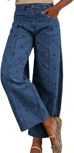 chouyatou Women's 2026 Polka Dot Pattern Barrel Jeans Boyfriend Y2K Casual Wide Leg Mid Rise Denim Pants in Kuwait