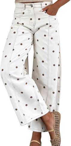 chouyatou Women's 2026 Polka Dot Pattern Barrel Jeans Boyfriend Y2K Casual Wide Leg Mid Rise Denim Pants in Saudi Arabia