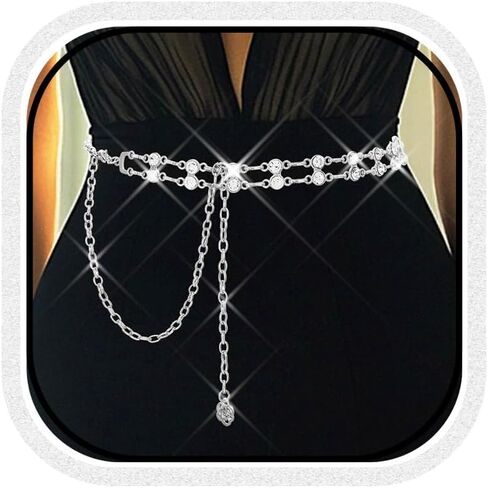 Rhinestone Chain Belt Sparkly Silver Belt for Dress Fashion Bling Waist Accessories for Women in Saudi Arabia