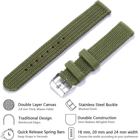 حزام ساعة من النايلون سريع الإصدار مع إبزيم معدني فضي، حزام ساعة من القماش للرجال والنساء، مقاس بديل 18 مم/20 مم/22 مم/24 مم in Kuwait