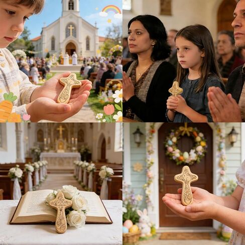 Goodangie00 Wooden Pocket Stress Fidget Cross, 4.1" Handmade Carvings Bunny Wood Crosses Encouragement Gift for Christian, Pocket Prayer, Palm, Church Religious Home Easter Gifts in Kuwait