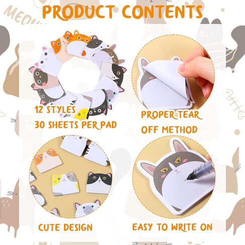 12Pack Cat Sticky Notes 360 Sheets Cat Note Pads Self Adhesive Fun Cartoon Sticky Note Pad for Valentines Veterinary Office School Tab Party Supplies in Saudi Arabia