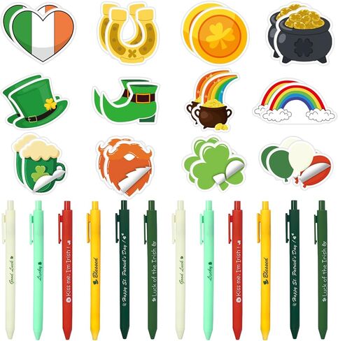 48 Pcs St. Patrick's Day Sticky Notes and Pens Bulk for Kids Classroom Gifts Appreciation Gifts 24 Irish Theme Ballpoint Pens 24 Green Lucky Sticky Notes for Office, Irish Festival for Coworkers in Kuwait