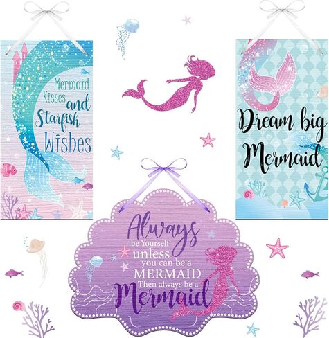 Queekay 3 Pcs Mermaid Room Decor, Mermaid Wall Decor Set for Bathroom Bedroom Sea Life Wall Art Signs with Shell Welcome Door Hanger, Ocean Theme Wooden Seaside Decorations for Home in Saudi Arabia