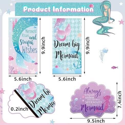 Queekay 3 Pcs Mermaid Room Decor, Mermaid Wall Decor Set for Bathroom Bedroom Sea Life Wall Art Signs with Shell Welcome Door Hanger, Ocean Theme Wooden Seaside Decorations for Home in Saudi Arabia