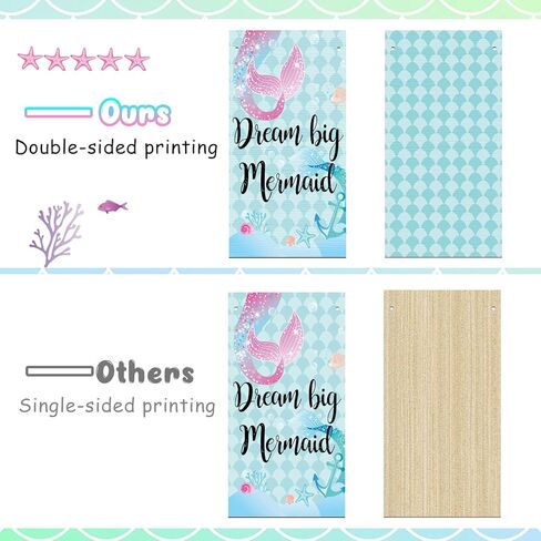Queekay 3 Pcs Mermaid Room Decor, Mermaid Wall Decor Set for Bathroom Bedroom Sea Life Wall Art Signs with Shell Welcome Door Hanger, Ocean Theme Wooden Seaside Decorations for Home in Saudi Arabia
