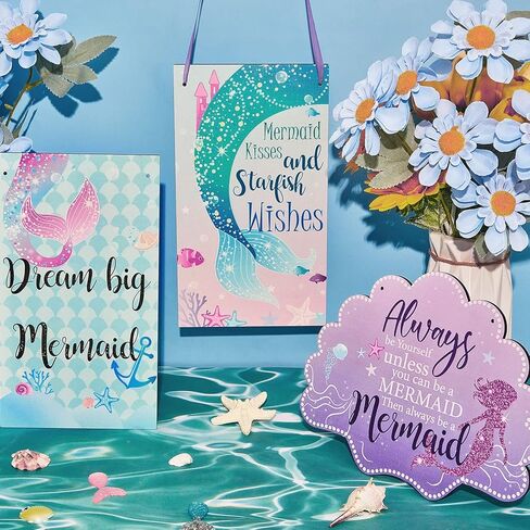 Queekay 3 Pcs Mermaid Room Decor, Mermaid Wall Decor Set for Bathroom Bedroom Sea Life Wall Art Signs with Shell Welcome Door Hanger, Ocean Theme Wooden Seaside Decorations for Home in Saudi Arabia