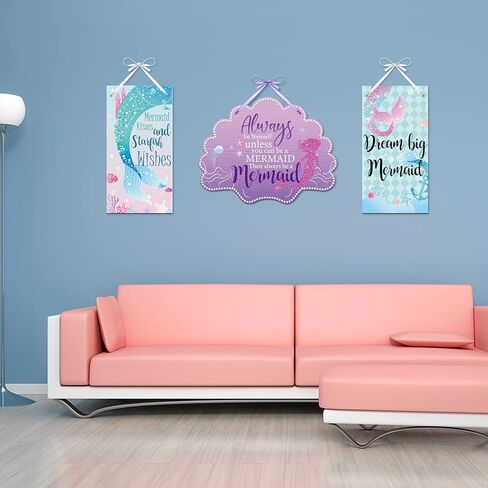 Queekay 3 Pcs Mermaid Room Decor, Mermaid Wall Decor Set for Bathroom Bedroom Sea Life Wall Art Signs with Shell Welcome Door Hanger, Ocean Theme Wooden Seaside Decorations for Home in Saudi Arabia