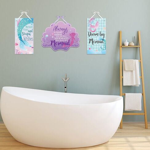Queekay 3 Pcs Mermaid Room Decor, Mermaid Wall Decor Set for Bathroom Bedroom Sea Life Wall Art Signs with Shell Welcome Door Hanger, Ocean Theme Wooden Seaside Decorations for Home in Saudi Arabia