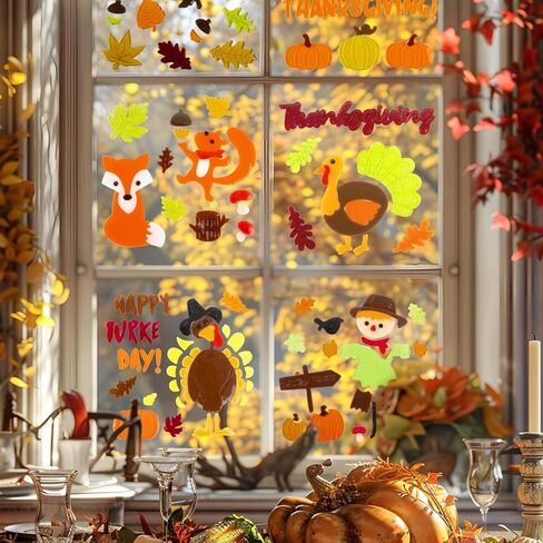 Fall Thanksgiving Window Gel Clings, Happy Thanksgiving Pumpkin Turkey Maple Leaf Scarecrow, School Home Supplies in Kuwait