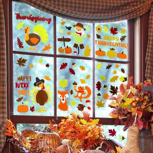 Fall Thanksgiving Window Gel Clings, Happy Thanksgiving Pumpkin Turkey Maple Leaf Scarecrow, School Home Supplies in Kuwait