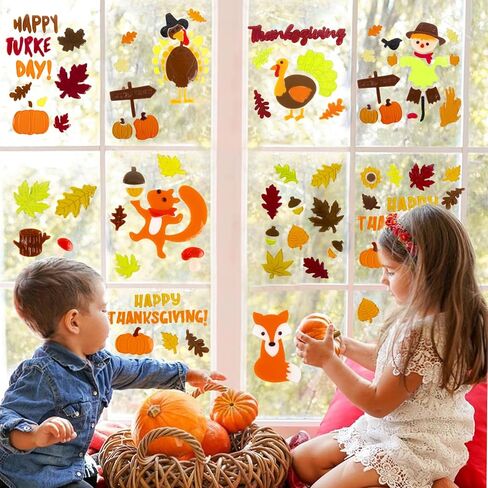 Fall Thanksgiving Window Gel Clings, Happy Thanksgiving Pumpkin Turkey Maple Leaf Scarecrow, School Home Supplies in Kuwait