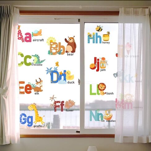 Animal Alphabet Window Stickers for Kids Education Cartoon Animal Window Decals Double-Sided Static Cling Window Decor for Nursery Classroom Home in Saudi Arabia