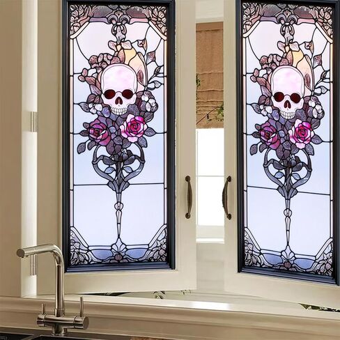 Art Nouveau Skull Rose Privacy Window Film Gothic Stained Glass Decorative Cling for Glass Doors and Windows Halloween Vintage PVC Panel 17.7x39.3 Inch Indoor Home Office Decor in Saudi Arabia