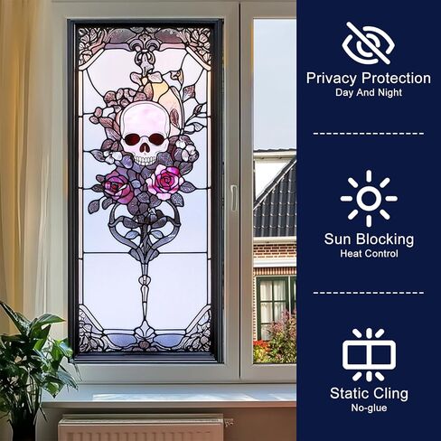 Art Nouveau Skull Rose Privacy Window Film Gothic Stained Glass Decorative Cling for Glass Doors and Windows Halloween Vintage PVC Panel 17.7x39.3 Inch Indoor Home Office Decor in Saudi Arabia