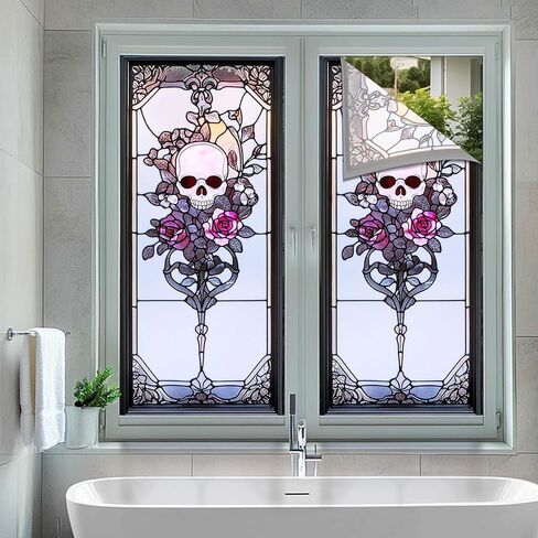 Art Nouveau Skull Rose Privacy Window Film Gothic Stained Glass Decorative Cling for Glass Doors and Windows Halloween Vintage PVC Panel 17.7x39.3 Inch Indoor Home Office Decor in Saudi Arabia