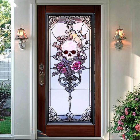 Art Nouveau Skull Rose Privacy Window Film Gothic Stained Glass Decorative Cling for Glass Doors and Windows Halloween Vintage PVC Panel 17.7x39.3 Inch Indoor Home Office Decor in Saudi Arabia