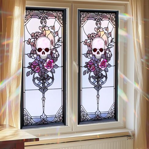 Art Nouveau Skull Rose Privacy Window Film Gothic Stained Glass Decorative Cling for Glass Doors and Windows Halloween Vintage PVC Panel 17.7x39.3 Inch Indoor Home Office Decor in Saudi Arabia