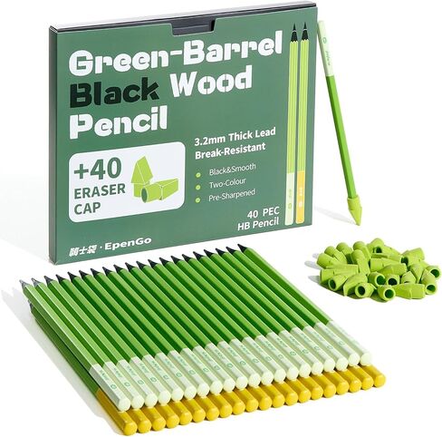 #2 HB Pencils, Bulk 40 Pack, Pre-Sharpened with Eraser, 3.2mm Thick Break-Resistant Lead, Black Wood Pencils for School, Classroom & Office Supplies in Kuwait