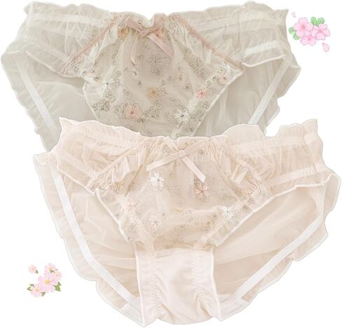 Cute Embroidered Floral Lace Underwear for Teens,Pink Flower Frilly Panties,Mid-rise Cotton Crotch for Summer,2 Pack in Kuwait