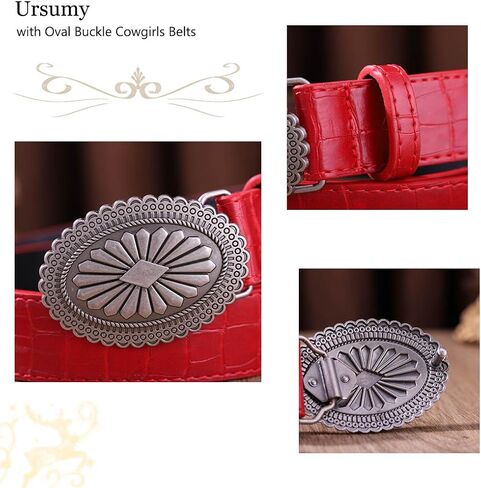 Ursumy Western Women Leather Belt with Oval Buckle Cowgirls Belts for Jeans Vintage Country Belt for Ladies in Saudi Arabia