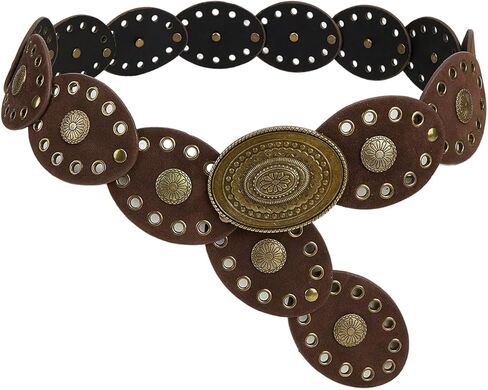 Women's Cowgirl Boho Western Oval Waist Belt Hollow Out Studded Retro Belts Fashion Accessory in Saudi Arabia