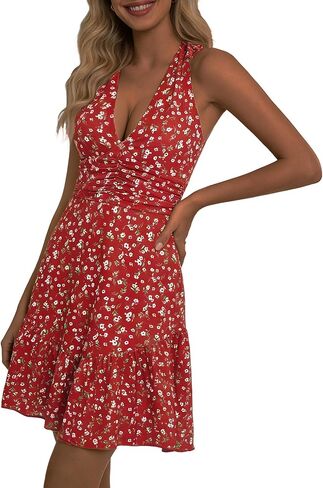 GUBERRY Womens Summer Dresses Mini Dress 2026 Halter V Neck Ruched Waist Cute Floral Flowy A-line Sundresses for Women in Saudi Arabia