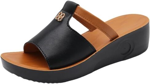 Women's Comfortable Wedge Sandals – Floral Print Open Toe Slip-On Shoes with Thick Sole for Casual & Everyday Wear slippers in Saudi Arabia