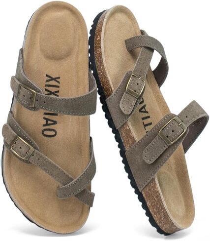 XIXITIAO Suede Sandals Womens with Arch Support, Cork Footbed Womens Slides Sandals with Memory Foam, Cross Straps Flat Sandals with Adjustable Buckle in Kuwait