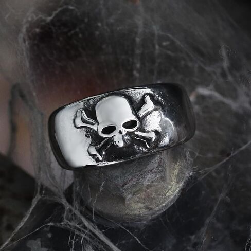 خاتم من الفولاذ المقاوم للصدأ على شكل جمجمة وعظمتين متقاطعتين - تصميم كلاسيكي Memento Mori - يرمز إلى الخطر والوفيات - متين ومريح - إكسسوار خالد لعشاق الموضة الجريئة مقاس 7-13 in Saudi Arabia