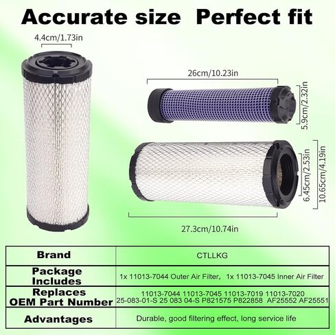 11013-7045&11013-7044 Inner&Outer Air Filter Kit Compatible with Kawasaki 11013-7019 11013-7020 AF25552 AF25551 FX850V ;Compatible with Kohler 2508301-S M131802 M131803 P821575 P822858(2 Pack) in Kuwait