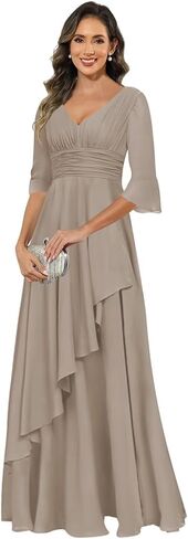 Elegant Chiffon Mother of The Bride Dresses for Women Ruffles V Neck Half Sleeve Evening Gown with Silt in Saudi Arabia