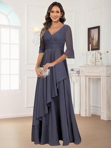 Elegant Chiffon Mother of The Bride Dresses for Women Ruffles V Neck Half Sleeve Evening Gown with Silt in Saudi Arabia