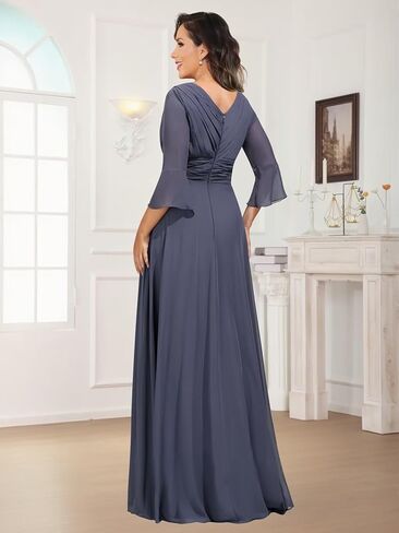 Elegant Chiffon Mother of The Bride Dresses for Women Ruffles V Neck Half Sleeve Evening Gown with Silt in Saudi Arabia