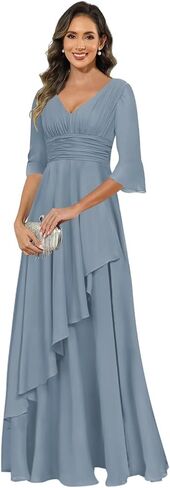 Elegant Chiffon Mother of The Bride Dresses for Women Ruffles V Neck Half Sleeve Evening Gown with Silt in Saudi Arabia