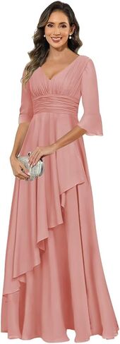 Elegant Chiffon Mother of The Bride Dresses for Women Ruffles V Neck Half Sleeve Evening Gown with Silt in Saudi Arabia