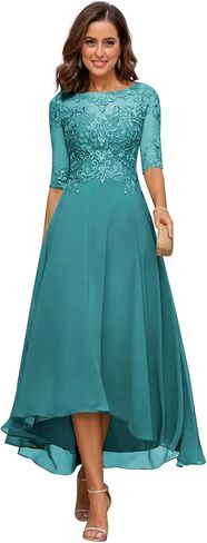 Lace Appliques Mother of The Bride Dresses A line 3/4 Sleeves Tea Length Chiffon Formal Gown with Pockets ZZS120 in Kuwait