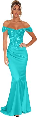 Off Shoulder Mermaid Prom Dresses for Women 2026 Sequin Sparkly Satin Bodycon Long Formal Evening Party Gowns in Kuwait