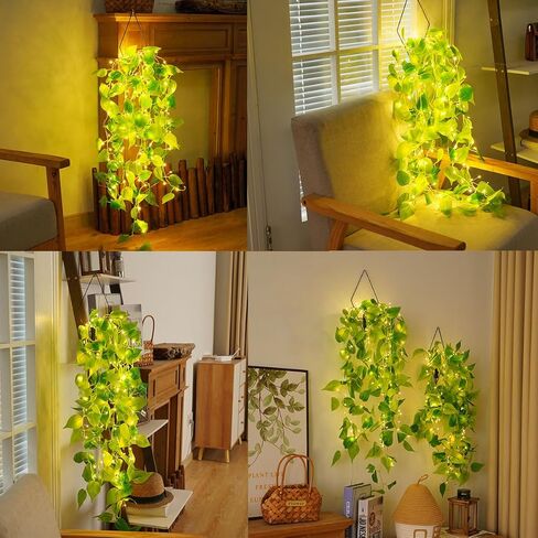 نباتات معلقة وهمية مقاس 41 بوصة مع أضواء اللبلاب الاصطناعي لديكور المنزل في غرفة النوم، شماعة نباتية مع نباتات مزيفة من الكروم المزيفة لسقف الحائط وغرفة النوم والمطبخ والمكتب الداخلي - عبوة من قطعتين in Kuwait