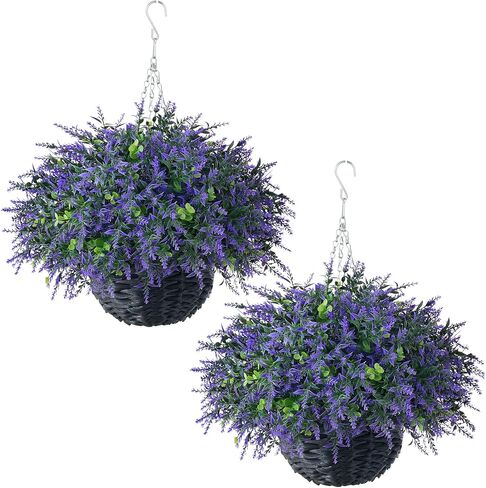 سلة معلقة من الأوكالبتوس واللافندر الاصطناعي (قطعتان) - مجموعة نباتات معلقة وهمية واقعية، أوراق الأوكالبتوس الصناعية في الهواء الطلق لديكور الشرفة في المزرعة | الربيع والصيف، كل موسم in Kuwait