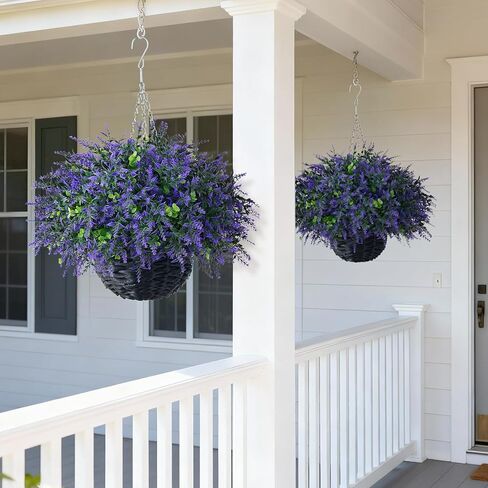 سلة معلقة من الأوكالبتوس واللافندر الاصطناعي (قطعتان) - مجموعة نباتات معلقة وهمية واقعية، أوراق الأوكالبتوس الصناعية في الهواء الطلق لديكور الشرفة في المزرعة | الربيع والصيف، كل موسم in Kuwait