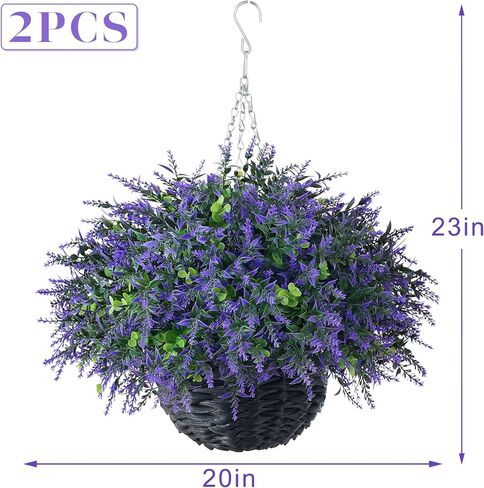 سلة معلقة من الأوكالبتوس واللافندر الاصطناعي (قطعتان) - مجموعة نباتات معلقة وهمية واقعية، أوراق الأوكالبتوس الصناعية في الهواء الطلق لديكور الشرفة في المزرعة | الربيع والصيف، كل موسم in Kuwait