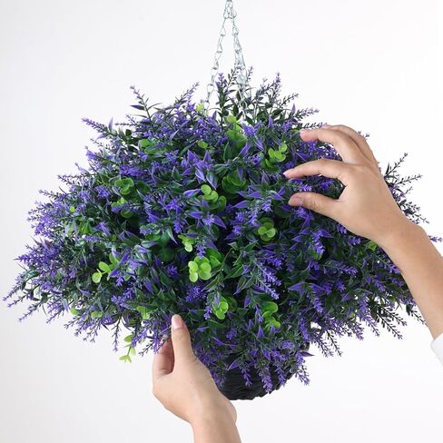 سلة معلقة من الأوكالبتوس واللافندر الاصطناعي (قطعتان) - مجموعة نباتات معلقة وهمية واقعية، أوراق الأوكالبتوس الصناعية في الهواء الطلق لديكور الشرفة في المزرعة | الربيع والصيف، كل موسم in Kuwait