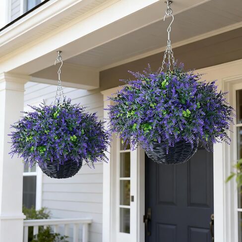 سلة معلقة من الأوكالبتوس واللافندر الاصطناعي (قطعتان) - مجموعة نباتات معلقة وهمية واقعية، أوراق الأوكالبتوس الصناعية في الهواء الطلق لديكور الشرفة في المزرعة | الربيع والصيف، كل موسم in Kuwait