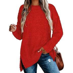 Qearal Women's Long Sleeve Fuzzy Knitted Sweater Popcorn Side Split Loose Pullover Tops in Kuwait