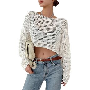 بلوفر نسائي من Milumia مصنوع من نسيج الكروشيه وأكتاف منسدلة وأكمام طويلة in Kuwait